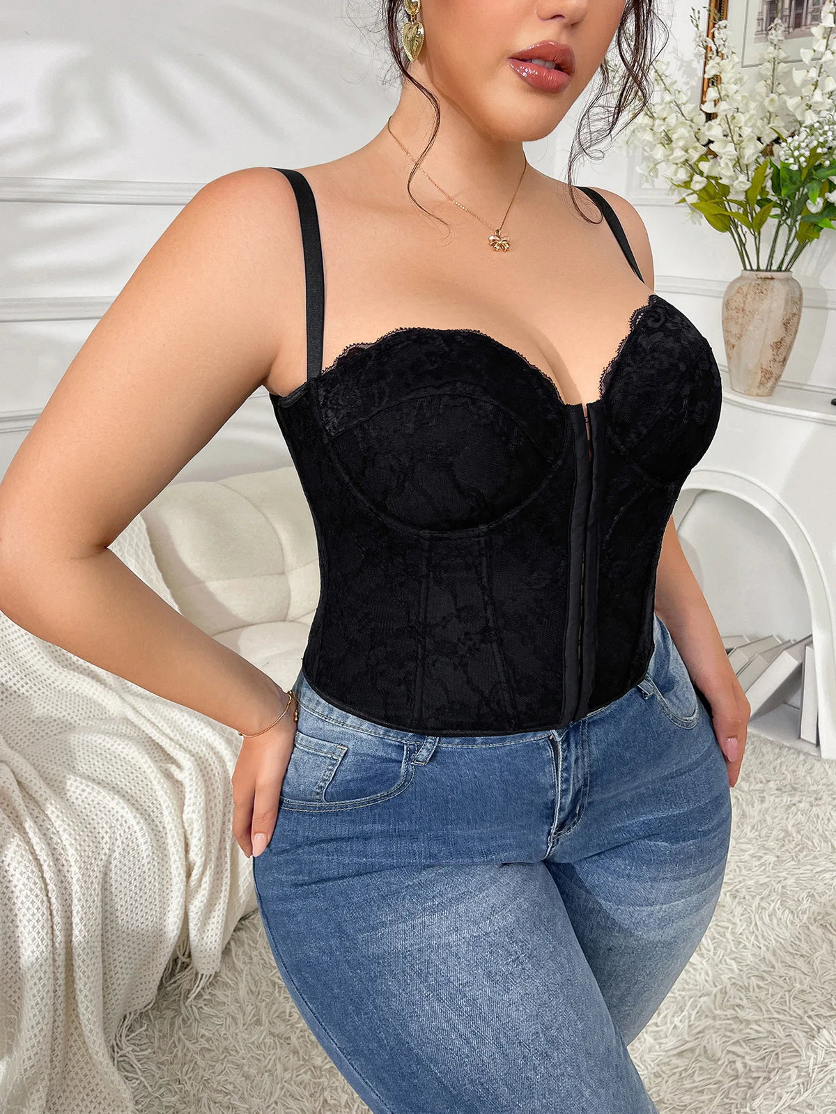 New Plus Size Sexy Push-Up Versatile Bra Lace Fishbone Bralette Camisole Backless Deep V Suspenders Sleeveless Elegant Vest FGDY