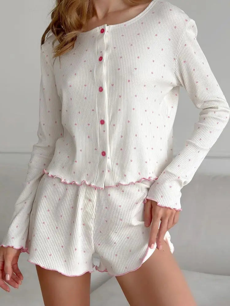 Women's Pajamas Set Soft Comfortable Knitted Long Sleeve Top Shorts Loungewear Heart Print Comfortable Homewear