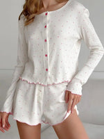 Women's Pajamas Set Soft Comfortable Knitted Long Sleeve Top Shorts Loungewear Heart Print Comfortable Homewear