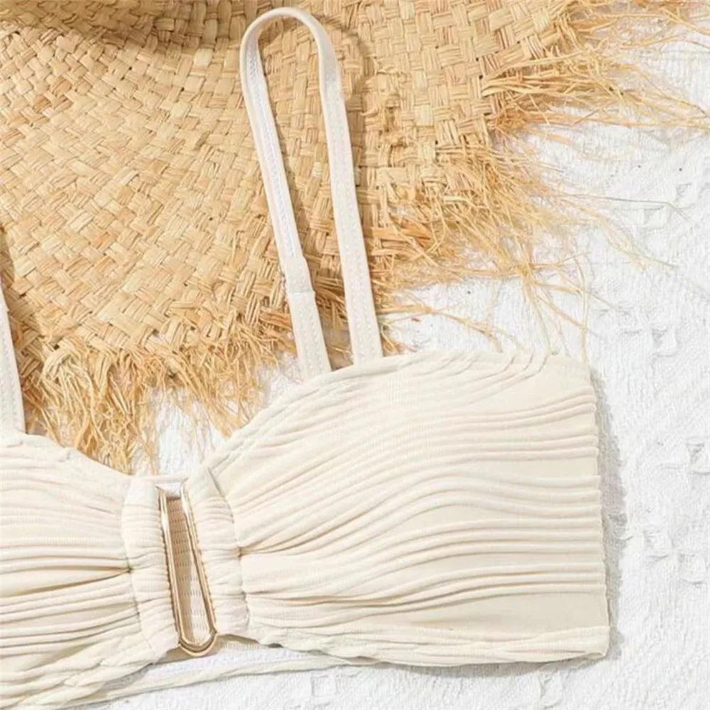Beige Texture Solid Swimwears 3 Piece Bikini Set Cover Ups U Shapped Sexy Swimsuit Women 2026 Bathing Suit High Waist Bikinis