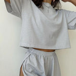 2 Pcs/Set Summer Sleepwear For Women Striped Printed Homewear Top Pants Suit Loose Short Sleeve T-shirt Elastic Waist Shorts