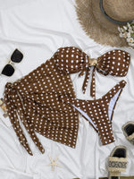 Sexy Coffee Polka Dot Print Bikini Set Women Bandeau Metal Shell Buckle Push Up Cover Up 3 Piece Swimsuit Bathing Suit Swimwear