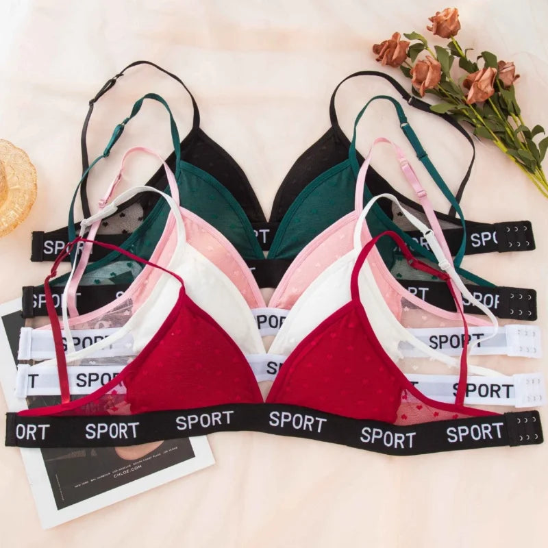Women Lace Bra And Panties Set Sheer Polka Dot Lingerie Non-wire Bralette Sexy Low Rise Thongs Letter Band Mesh Underwear Set