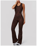 Sexy Brown Leopard Print Yoga Jumpsuit Women Hollow Out Backless Sleeveless Slim Gym Running One Piece Flare Pants Sports Suit