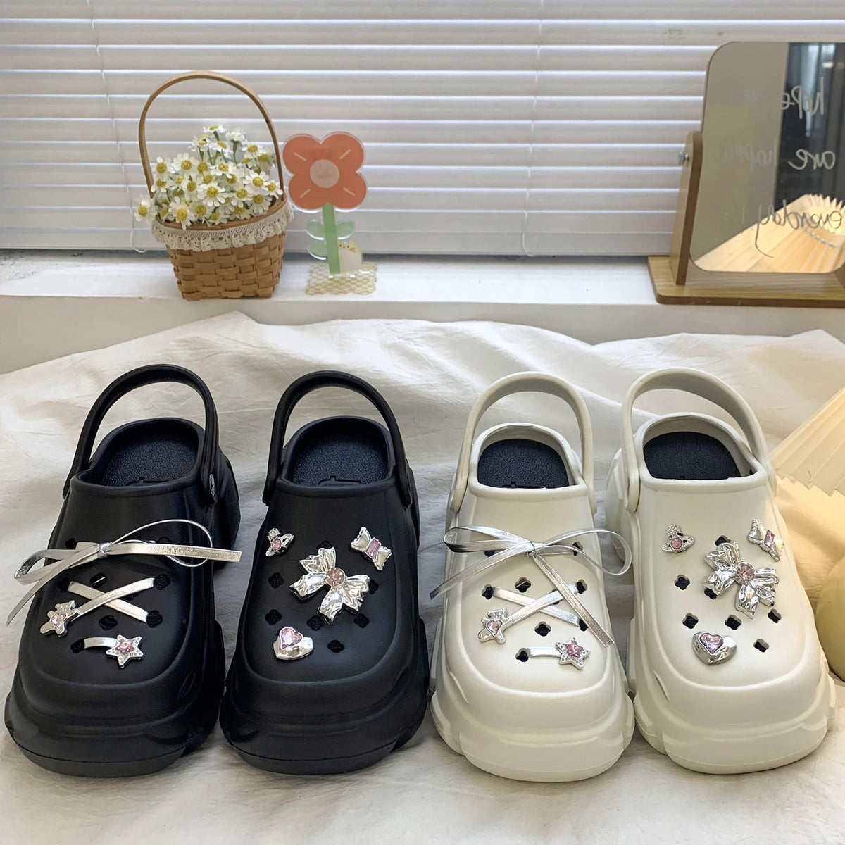 Cute DIY Bow knot Fashion Clogs For Women Indoor Street Slippers Thick Sole Female Summer Shoes Soft EVA Girls Beach Sandals