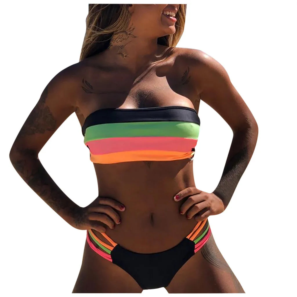 Bikini Swimwear Push-Up Bikinis Sets Colored Stripes Women Bra Padded Beachwear Bathing Suit New 2 Piece Swimsuit 2025 Biquini
