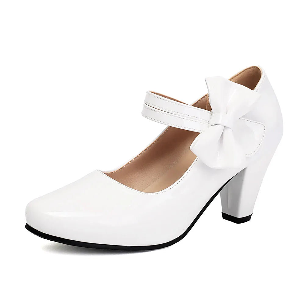 Plus Size 33-48 Sweet Polka Dot Mary Jane Heels Shoes Women Pink Blue Side Bow Tie Round Toe Chunky Block Heel Cute Lolita Pumps