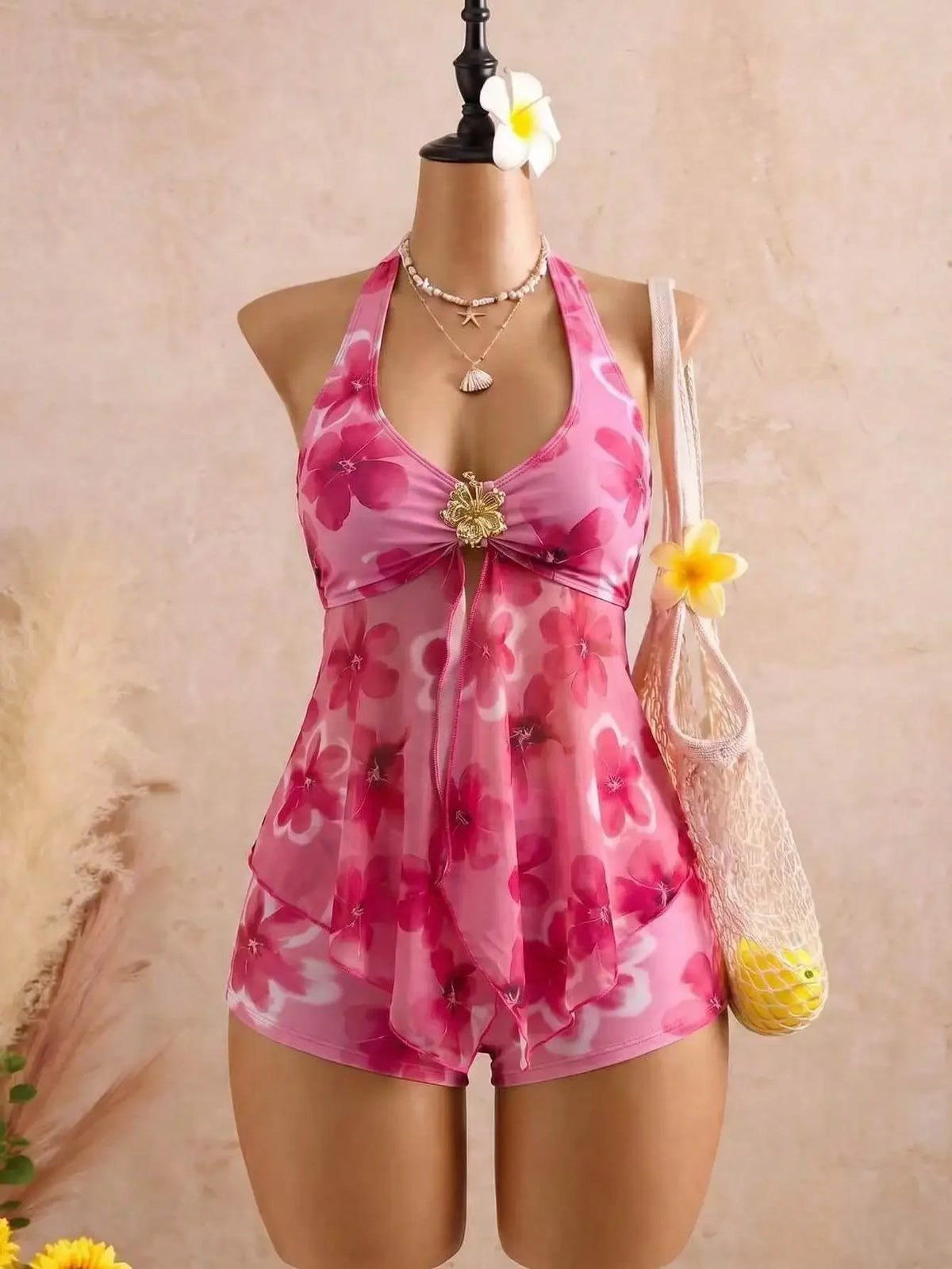 Vintage Yellow Polka Dot Print Bikini Set 2026 Women Metal Sun Ornament Mesh Tank Top High Waist Swimsuit Bathing Suit Swimwear