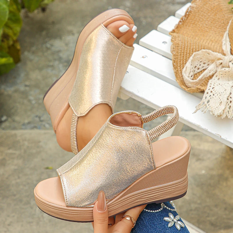 2025 New Gold Wegdes Sandals Women Summer Plus Size Chunky Platform Sandles Woman Elastic Back Strap High Heel Sandalias Mujer