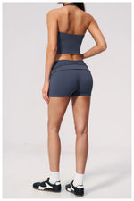 2PCS Yoga Set Women V-neck Cross Neck Shock-absorbing Sports Vest Workout Pleate Flip High Waist Shorts Gym Runing Fitness Suits