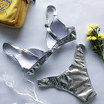Shiny PU Faux Leather Bikini Women Swimsuit Female Swimwear Two-pieces Bikini Set Underwired Bra Cup Bikinis Bathing Suit Swim