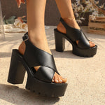 Black Peep Toe Thick High Heel Sandals Women Fashion Back Strap Chunky Platfrom Sandles Woman Plus Size Cross Strap Rome Sandals