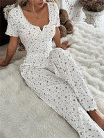 Autumn Winter Floral Printed Short Sleeve Tops and Trousers Suit Women Casual Pajamas Set Comfortable Sleepwear Loungewear