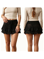Womens Crochet Knit Mini Skirt Casual Stylish Drawstring Low Rise Tiered Hem Short Skirt Summer Beach Holiday Boho Cover-ups