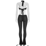 Sexy hot girl solid color see-through slim fit knitted deep V jumpsuit