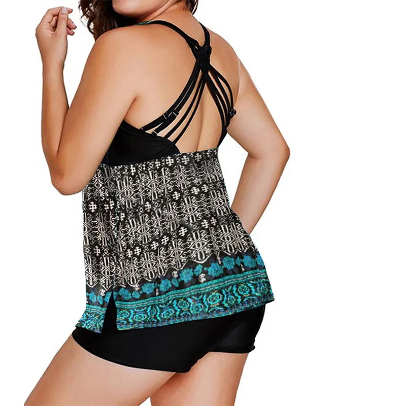 DEKA Women Plus Size Tankini SetFloral Print Swimwear Push Up Two Piece Top+Shorts Sports Swimsuit Beachwear Bathing Suit