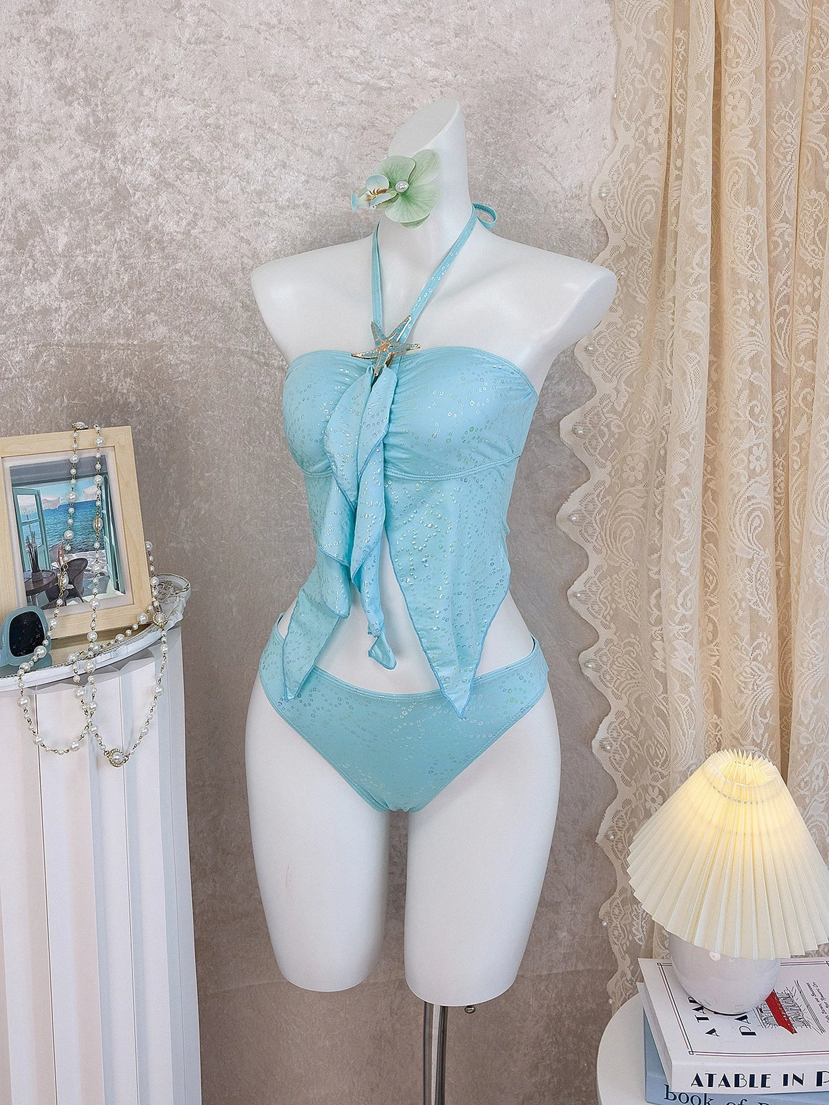 DEKA Women Blue Ruffled Tankini 2-Piece Swimsuit with Starfish Metal Halter Neck Top & High Waist Bottom Children Bathing Suits