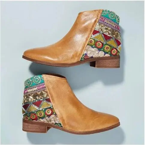 2019 New Women Embroider High Ankle Shoes Boots Wine Red Flock Leather Plus Size Zipper Rivet Flower Shoes