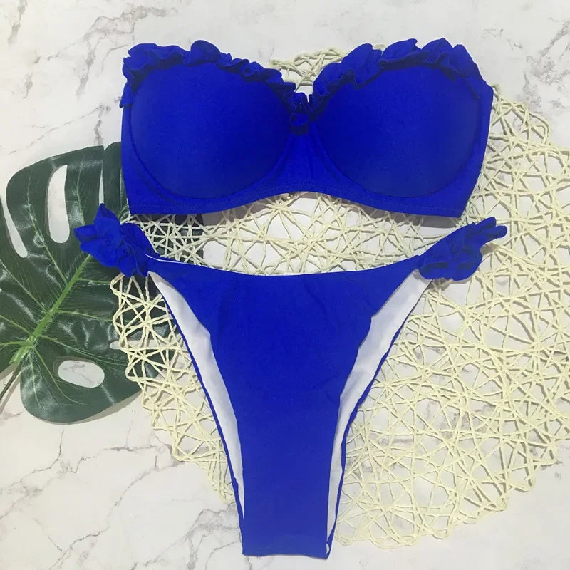 Ruffled Bra Cup Bikinis 2025 Bandeau Bikinis Women Swimsuit Female Swimwear Two Pieces Bikini Set High Cut Bathing Suit Swim