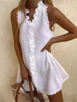 2025 Summer Sexy Casual Mini Dress Women Fashion Elegant Vacation Solid Color Ruffle Sleeveless Vestidos V-neck Loose Dresses