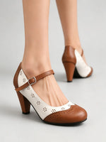 2026 Plus Size 48 Vintage Brown 7.5cm High Heels Mary Janes Pumps Retro Comfy Walk Summer Pink Office Lady Brogue Shoes Women