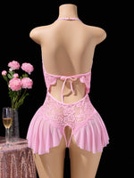 Pink Sexy Lingerie Women Hollow Open BodysuitAdult Apparel Teddy Crotchless Erotic Underwear One Piece V-neck Hot Lace Pajamas