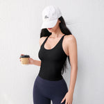 Women's U-Neck Yoga Vest with Chest Pad Long Running Sports Gym Top Breathable Comfortable Fitness Clothing