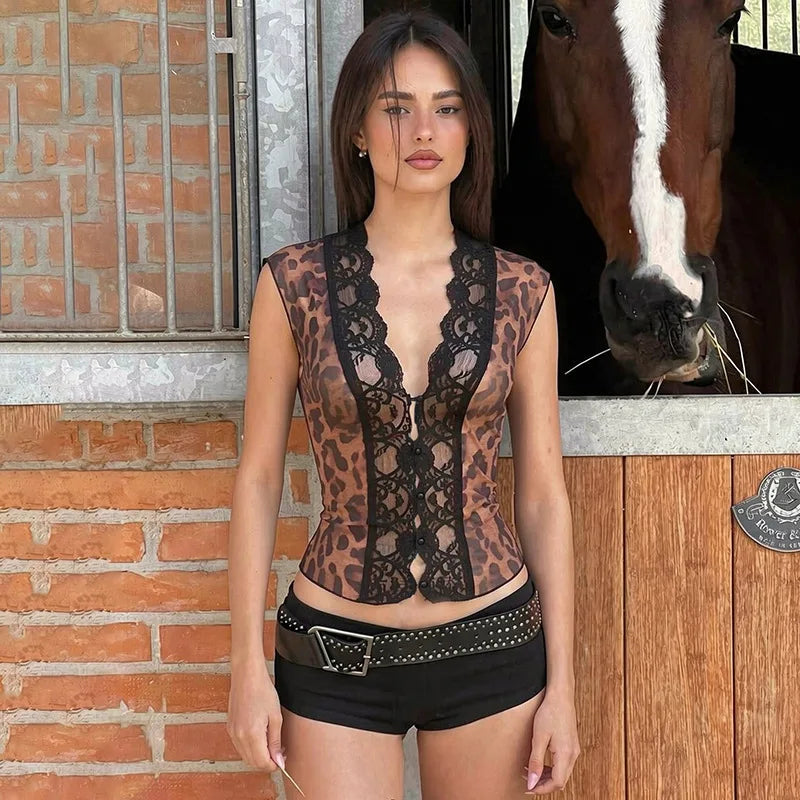 FDYOUI Women's Deep V-neck Lace Patchwork Mesh T-shirts 2026 Summer Sexy Sleeveless Buttons Leopard Tops Tee Shirt Streetwear