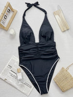 V Neck Halter Wrinkled Women Swimwear One Piece Swimsuit Female High Cut Backless Monokini Bather Bathing Suit Swim Beachwear