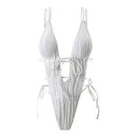 Deep V Neck Halter Wrinkled Female Swimwear One Piece Swimsuit Women Backless Monokini High Cut Bather Bathing Suit Swim Lady