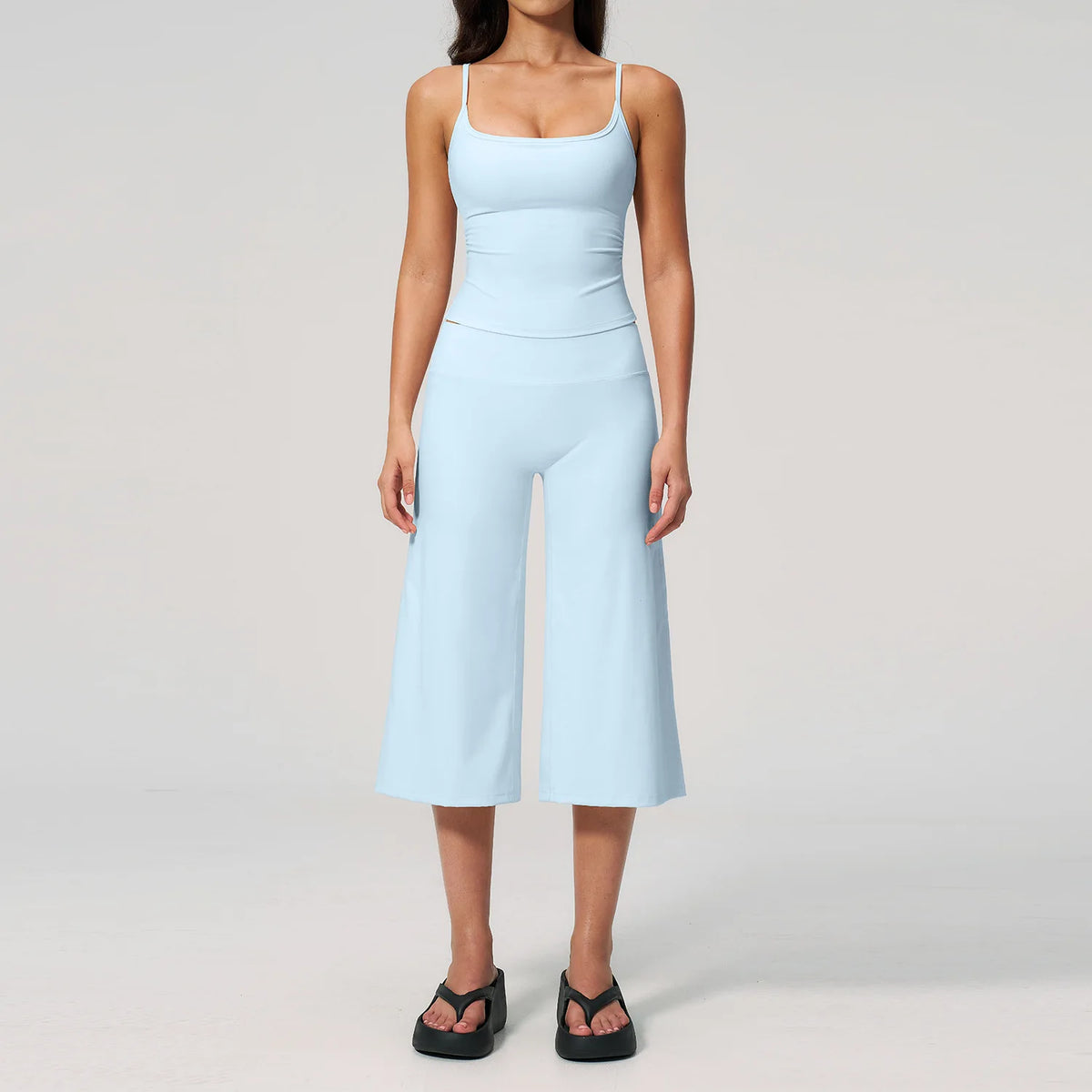 Gym Workout Yoga Sets Women Square Neck Slimming Sports Tank Top Fitness Gym Suit Outdoor High Waist Flare Pants Two-piece Set