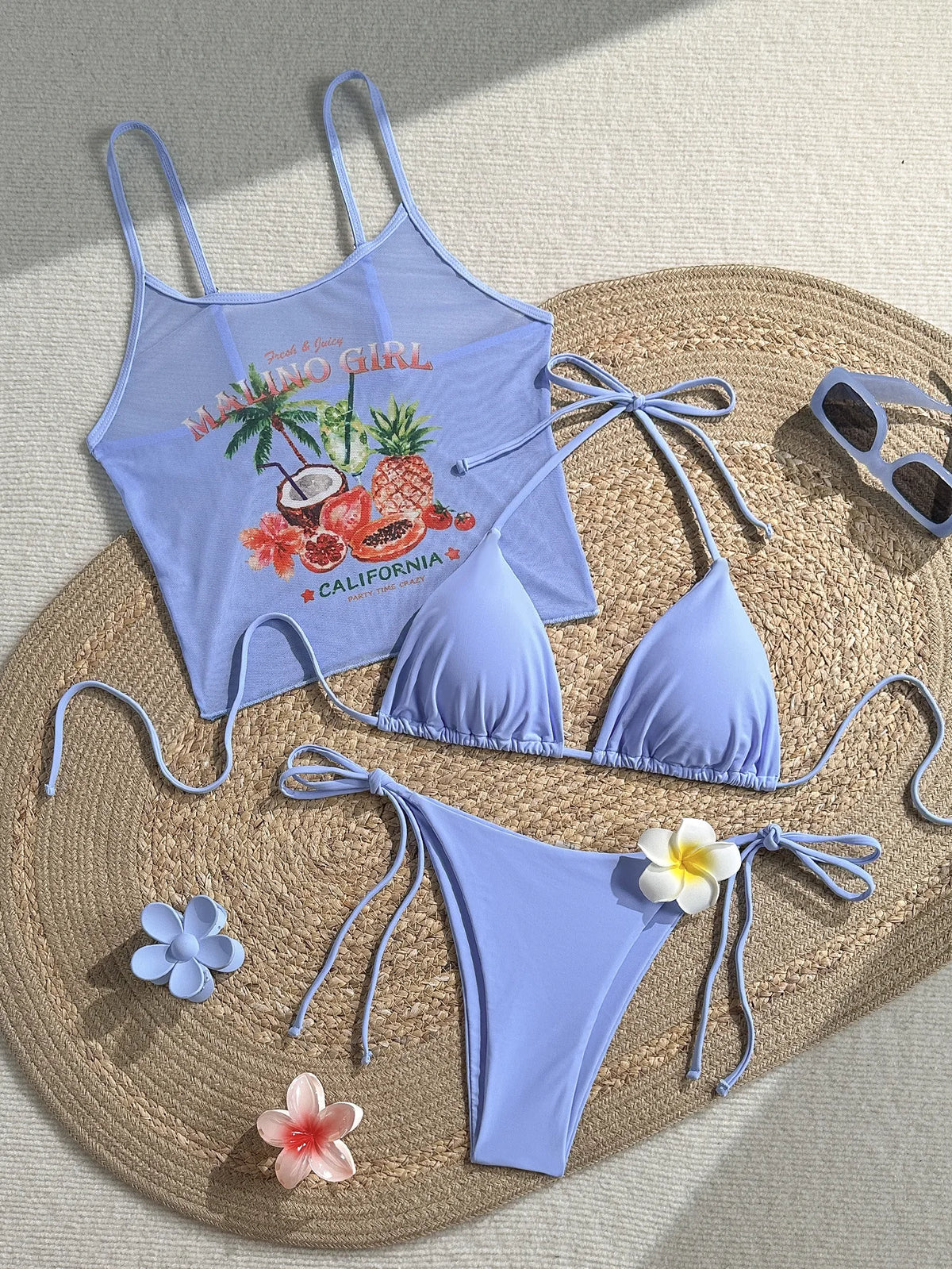Vintage 3D Flower Thong Bikini Set 2026 Women Summer Fruit Print Cover Up 3 Piece Swimwear Push Up Bra Bathing Suit Swimsuit