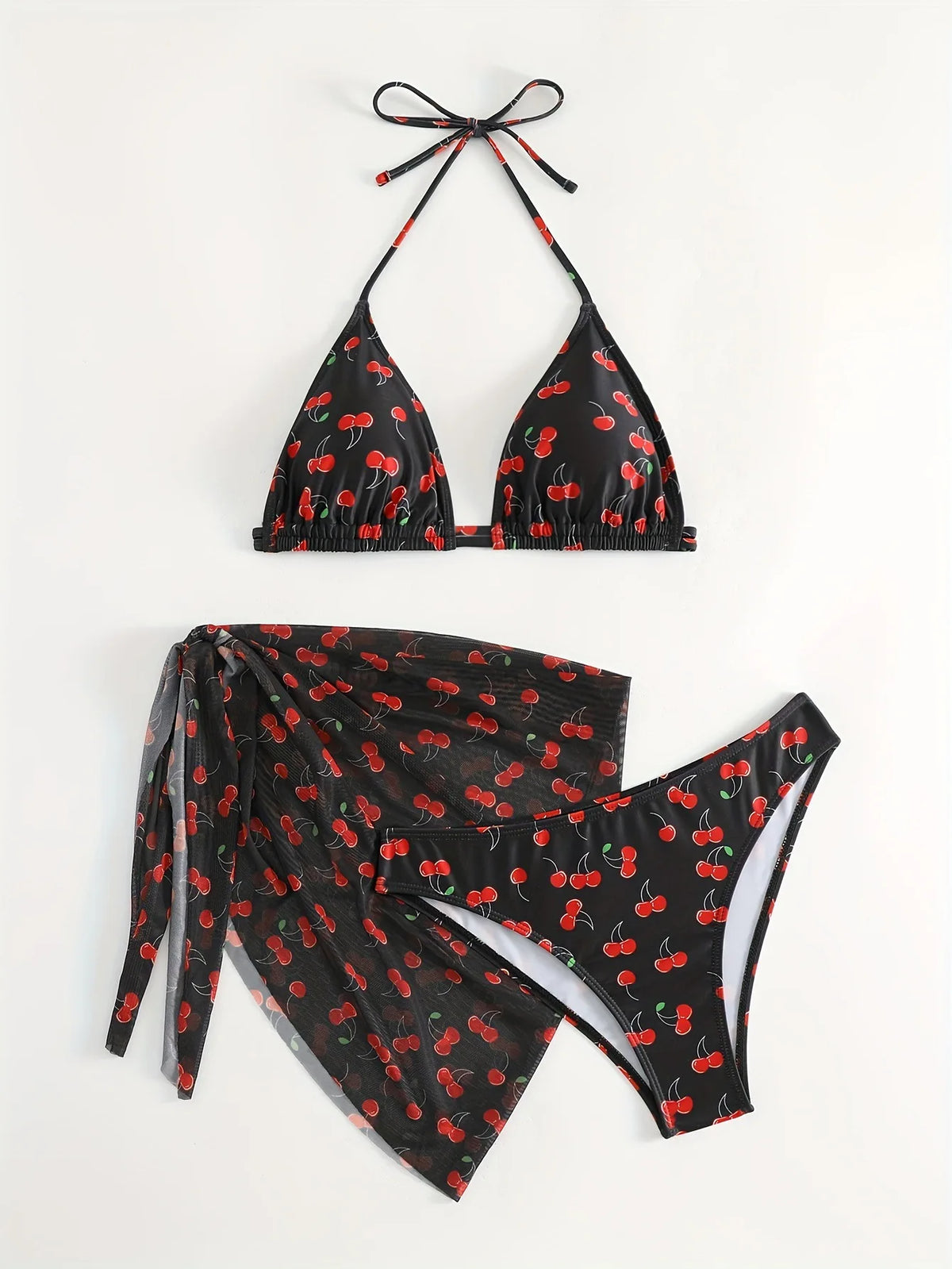 With Mesh Skirt Cherry Printed Bikini Female Swimsuit Women Swimwear Three Pieces Bikini Set Halter Bathing Suit Swim Beachwear