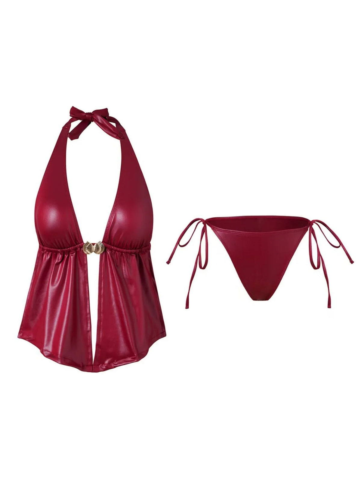 Sexy Red Metal Shell Bikini Set 2026 Women Push Up Tank Top 2 Piece Swimsuit Beach Bathing Suit Holiday Tie Side Thong Swimwear