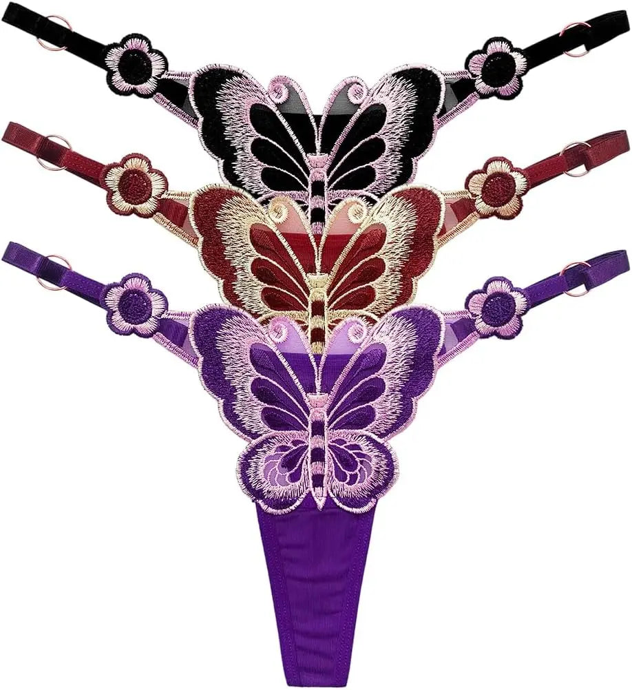 Women Butterfly Embroidery Thong Panties Sexy Lace G String Adjustable Strap Low Rise Underwear Soft Breathable Lingerie