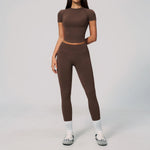 2PCS Women's Tracksuit Seamless Yoga Set Short Sleeve O Neck Workout T Shirts Fitness Suit Tight Hip Lifting Leggings Gym Sets