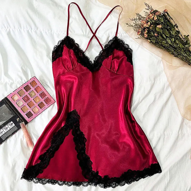 Ice Silk Thin Style Halter Nightdress Women's LaceHomewear Sexy Pajamas Solid Lenceria Mujer Silk Satin Suspender Dresses