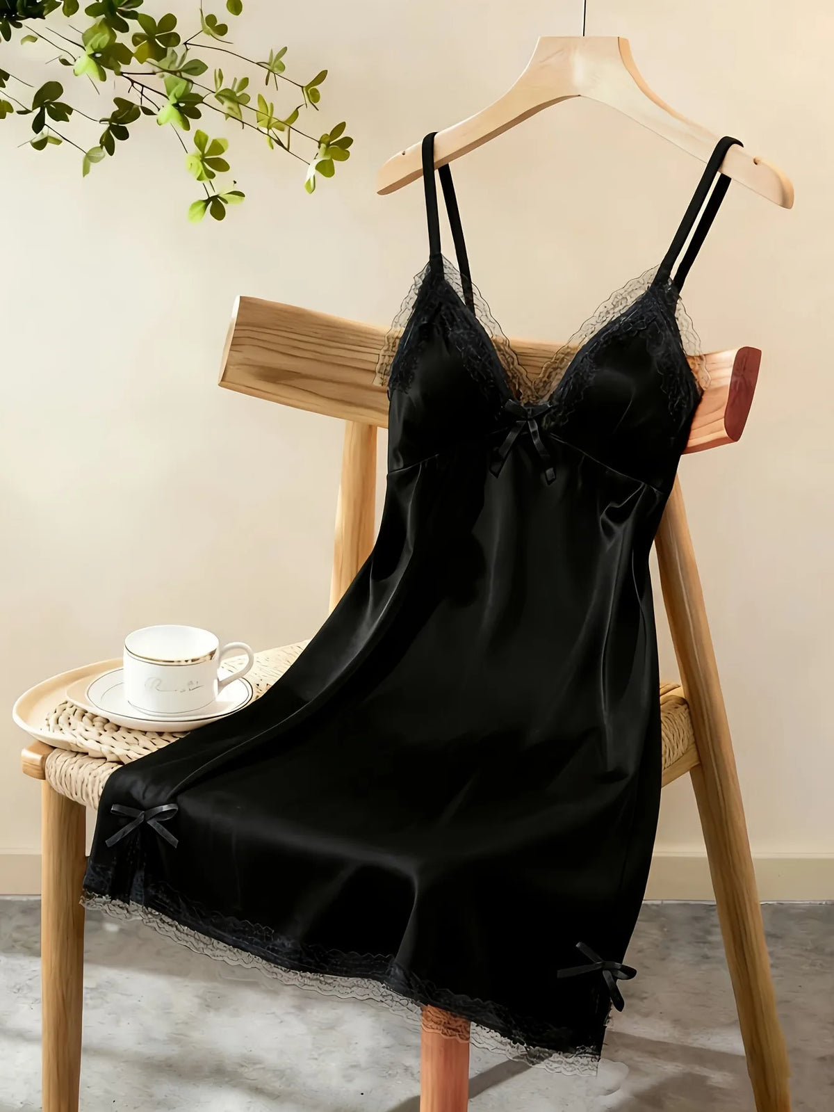 Women Satin Nightdress Lace Trim Slip Dress Spaghetti Strap Silky Nightgown Elegant Sleepwear Home Lingerie
