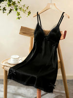Women Satin Nightdress Lace Trim Slip Dress Spaghetti Strap Silky Nightgown Elegant Sleepwear Home Lingerie
