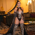 Women Leopard Print Bodysuit With Gloves Leggings Hollow Out Backless Deep V Suspenders Sleeveless Bodysuits Charming Thin 3X4C