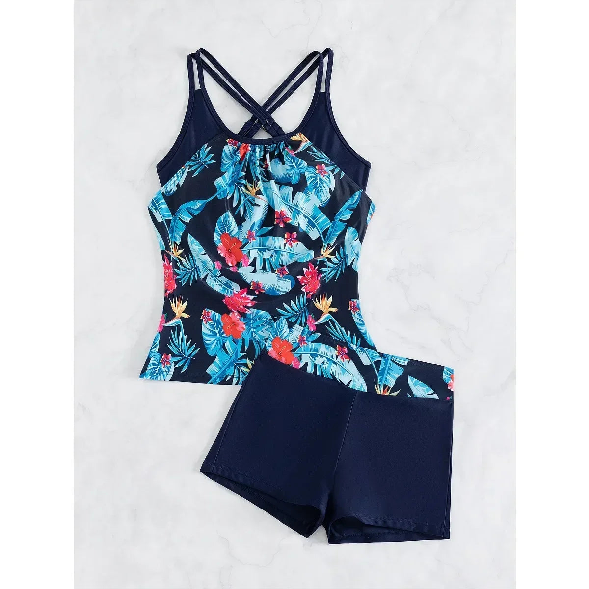 Women's Conservative 2 Piece Swimsuit Black Stripe Print Patchwork Tankini Bikini Set Suspender Cross Backless Bathing Suit 2025