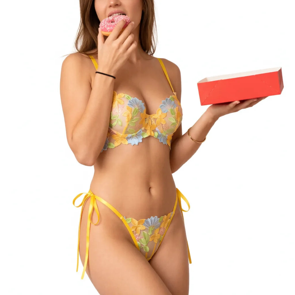 Women Yellow Floral Embroidery Lingerie Set Bow Tie Side Sheer Mesh Bra And Thong 2‑Pieces Intimate Underwear ZA825291