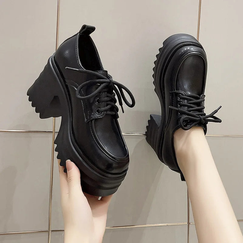 Spring Women Pumps Black Loafers Chunky 10CM High Heels High Platform British Autumn Ladies Thick Bottoms Shoes 2026 New