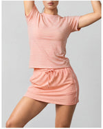 Women's Yoga Outfit Set Black Stripe Tennis Skirt Workout Clothes Short Sleeve O Neck Sports T Shirts Mini Skorts Fitness Sets