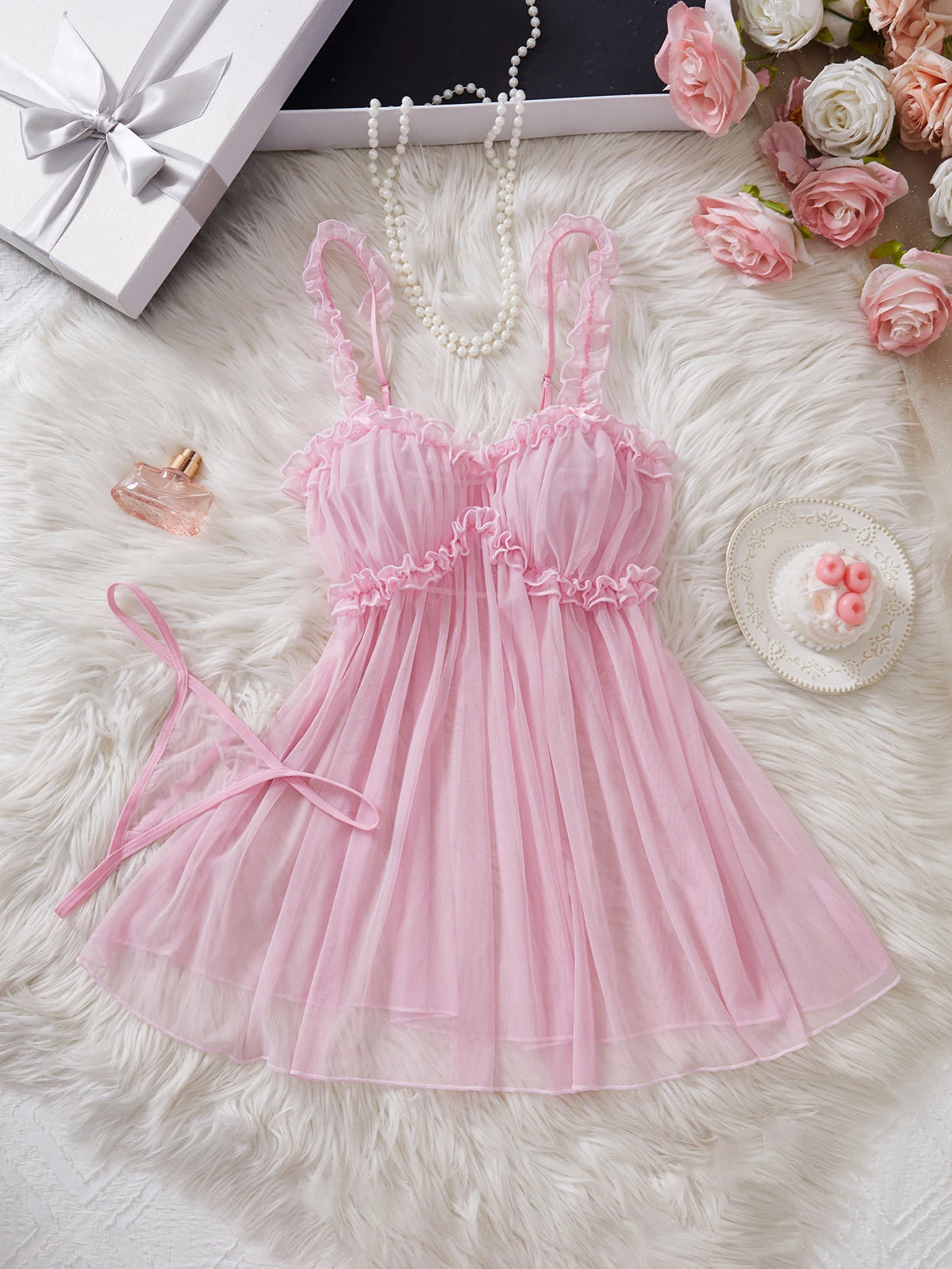 Women Mesh Nightdress Bow Pink Dress With Thong Underwear Valentine Day Gift