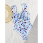 S - XL Cherry Printed Plaid Cut Out One Piece Swimsuit Women Swimwear Female Frilled High Leg Cut Bather Bathing Suit Swim V7557
