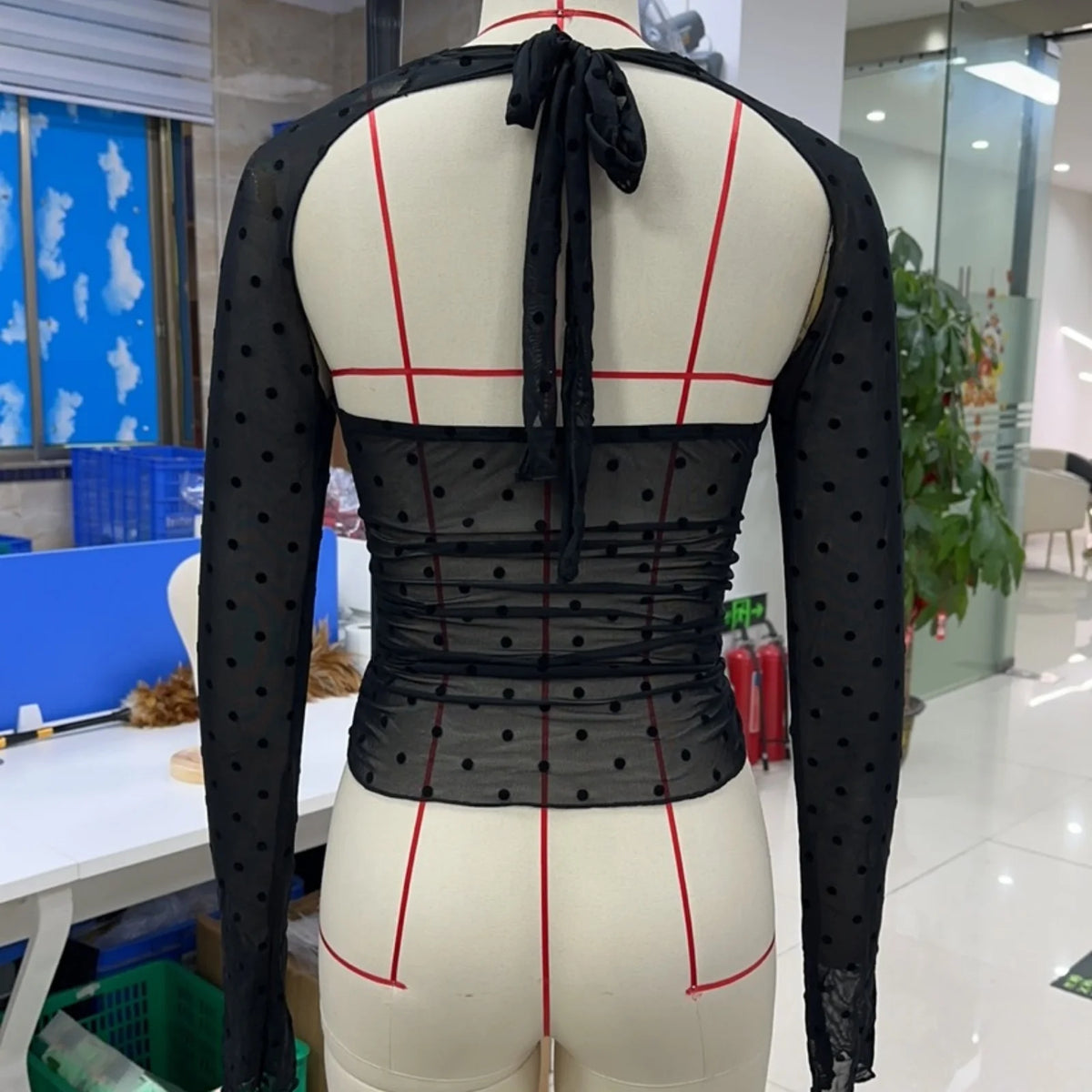 Women Perspective Dot Print Long Sleeve V Neck T-shirts Spring Summer Sexy Open Back Mesh Cropped Tops