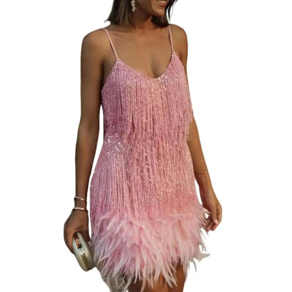 Mini Club Party Dress Women Dress Tassel Sequin Sleeveless Backless V Neck Feather Decor Loose Rumba Cha-cha Dance Costume
