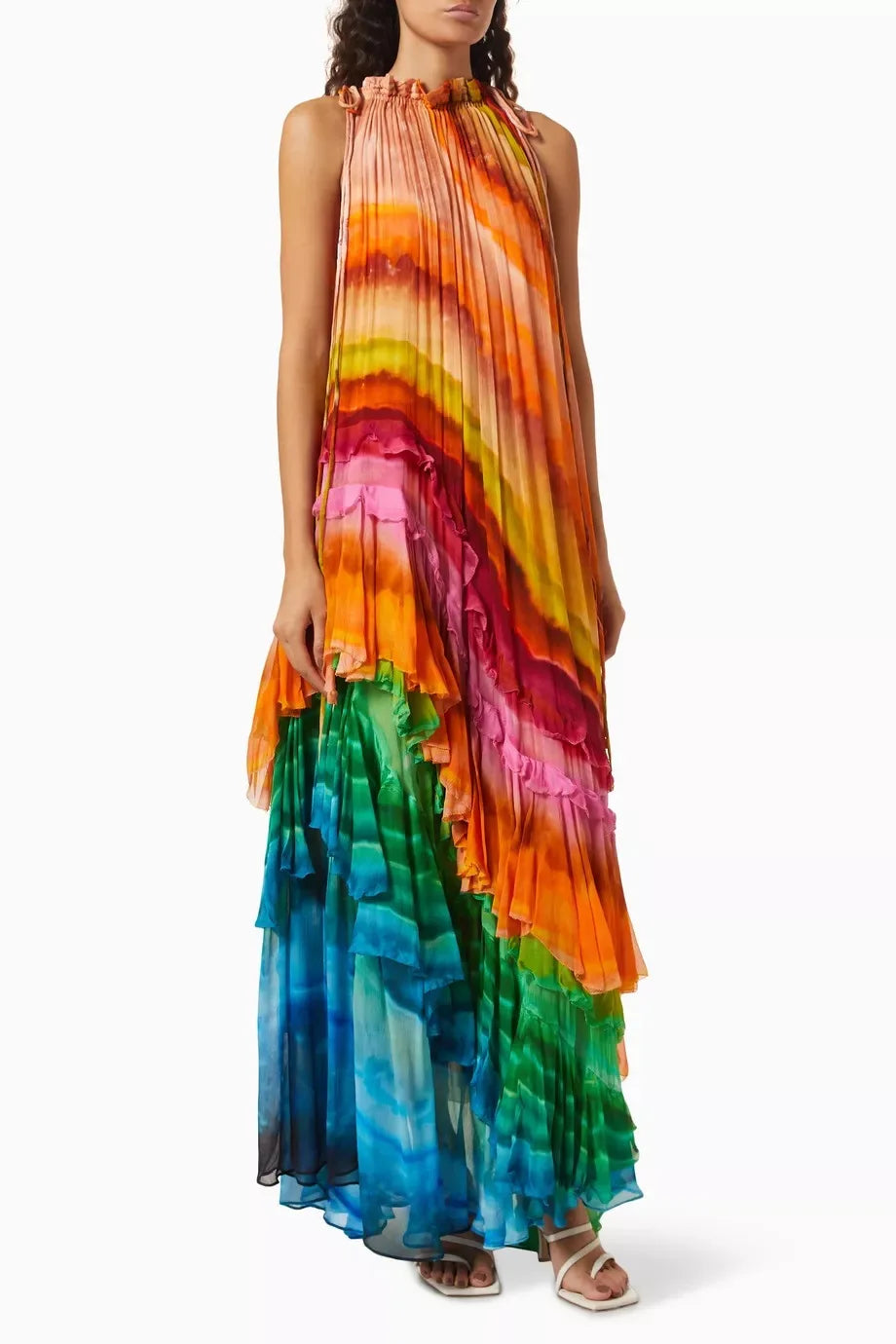Rainbow Stripe Sleeveless Long Dresses Women Fashion Fold Layered Loose A-line Maxi Dress Temperament Lady Commuting Vestidos