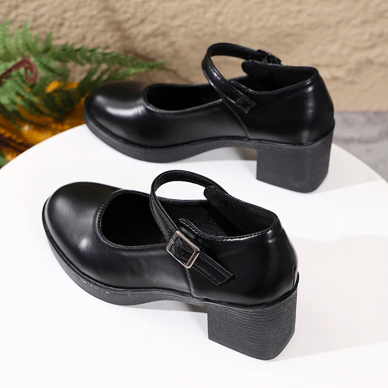 Plus Size 42 Black Thick Heels Pumps Women Classic Pu Leather Platform Mary Jane Shoes Woman Ankle Buckle Office High Heel Shoes